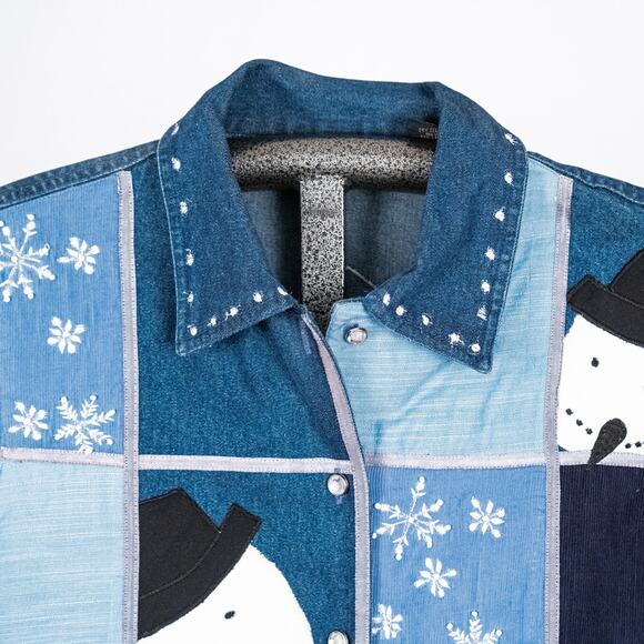 Womens Snowman Winter Holiday Embroidered Denim Jacket Corduroy Patchwork Beaded - Picture 2 of 8